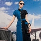 Two-Tone A-Line Denim Dress with Button Front and Belted Waist