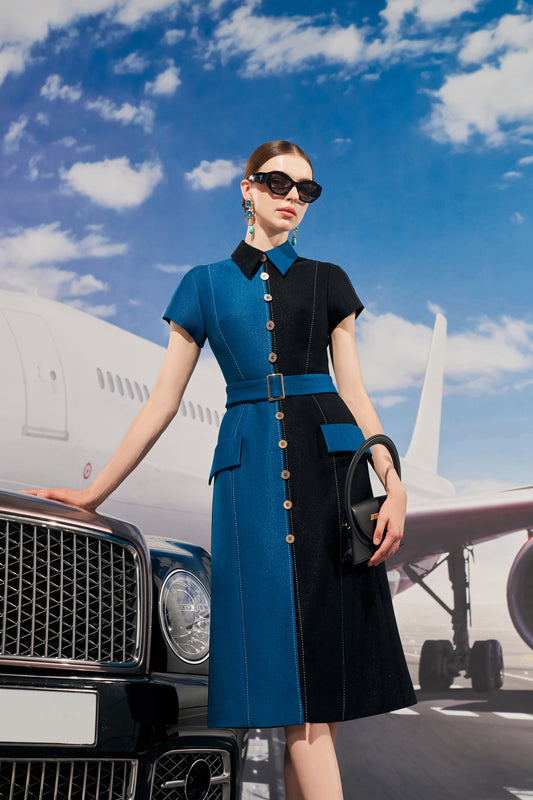 Two-Tone A-Line Denim Dress with Button Front and Belted Waist