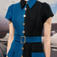 Two-Tone A-Line Denim Dress with Button Front and Belted Waist