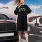 Black Puff Sleeve Dress with Floral Embroidery