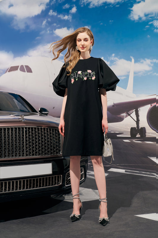 Black Puff Sleeve Dress with Floral Embroidery