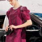 Ornate Magenta Puff-Sleeve Midi Dress with Beaded Details