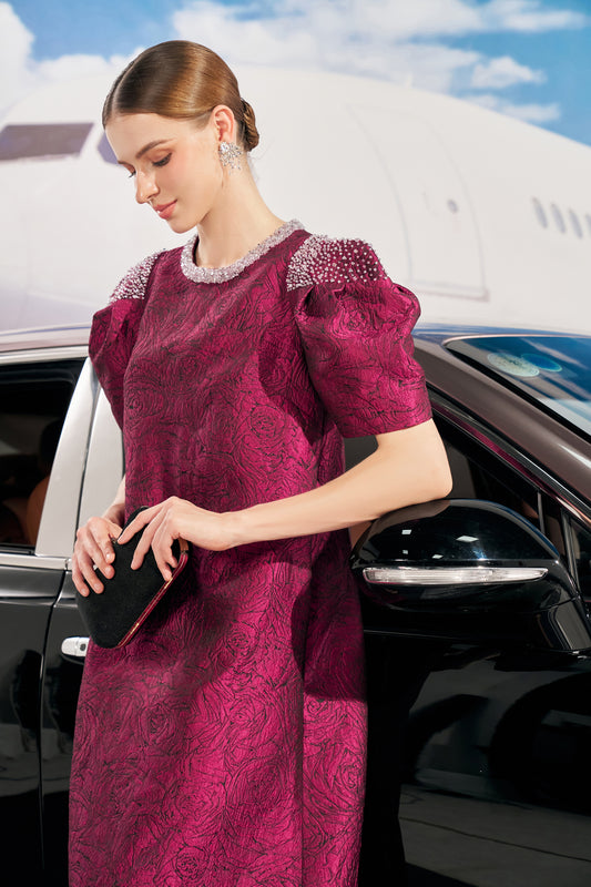 Ornate Magenta Puff-Sleeve Midi Dress with Beaded Details