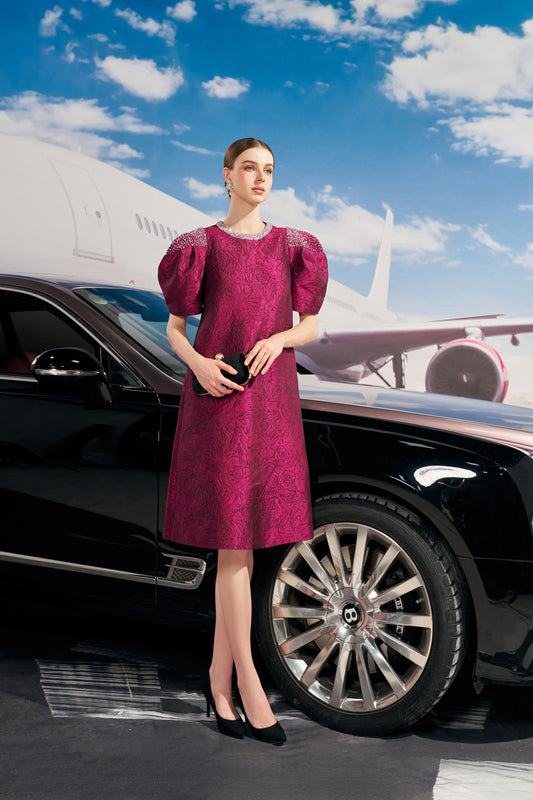 Ornate Magenta Puff-Sleeve Midi Dress with Beaded Details