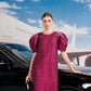 Ornate Magenta Puff-Sleeve Midi Dress with Beaded Details