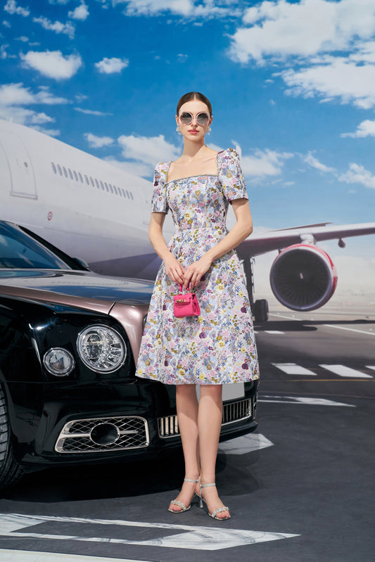 Floral Puff Sleeve A-Line Summer Midi Dress with Square Neckline