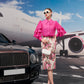 Pink Ruffle Sleeve Blouse with Floral Pencil Skirt and Purple Heels