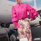 Pink Ruffle Sleeve Blouse with Floral Pencil Skirt and Purple Heels