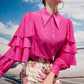 Pink Ruffle Sleeve Blouse with Floral Pencil Skirt and Purple Heels