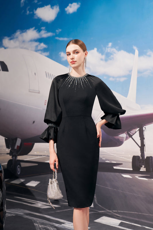 Black Satin Midi Dress with Beaded Neckline and Puff Sleeves
