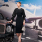 Black Satin Midi Dress with Beaded Neckline and Puff Sleeves