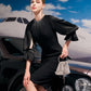 Black Satin Midi Dress with Beaded Neckline and Puff Sleeves