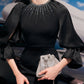 Black Satin Midi Dress with Beaded Neckline and Puff Sleeves