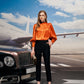 Silk Satin Orange Puff Sleeve Blouse with Black Slim Fit Trousers