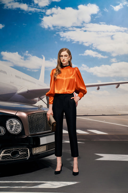 Silk Satin Orange Puff Sleeve Blouse with Black Slim Fit Trousers