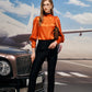 Silk Satin Orange Puff Sleeve Blouse with Black Slim Fit Trousers