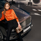 Silk Satin Orange Puff Sleeve Blouse with Black Slim Fit Trousers
