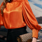 Silk Satin Orange Puff Sleeve Blouse with Black Slim Fit Trousers