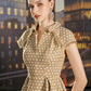 Beige Checkered Midi Dress with Bow Collar and Cap Sleeves