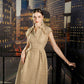 Beige Checkered Midi Dress with Bow Collar and Cap Sleeves