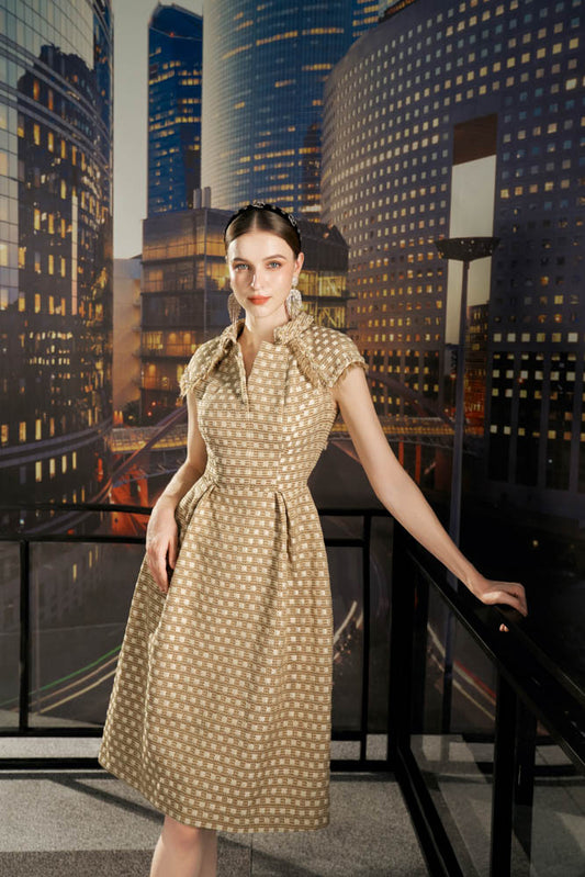 Beige Checkered Midi Dress with Bow Collar and Cap Sleeves