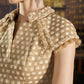 Beige Checkered Midi Dress with Bow Collar and Cap Sleeves