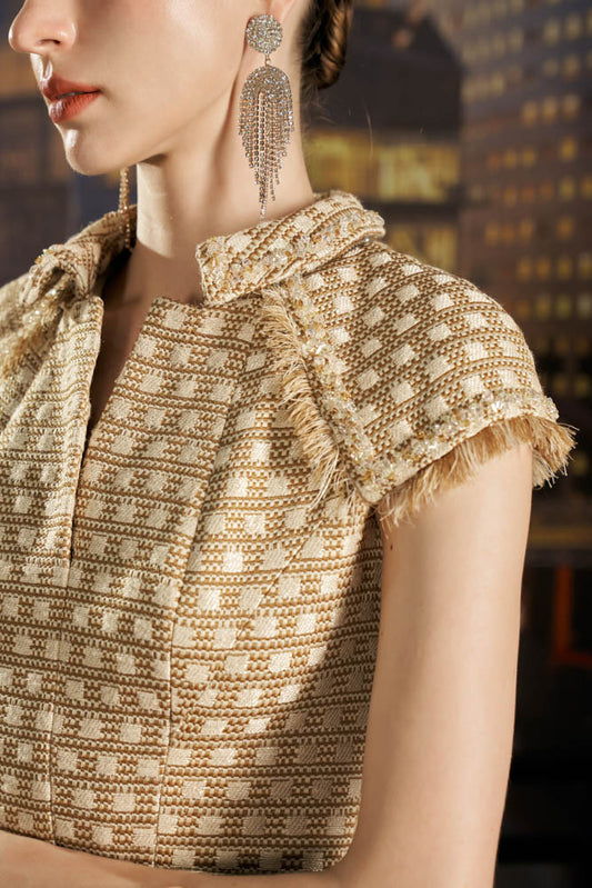 Beige Checkered Midi Dress with Bow Collar and Cap Sleeves
