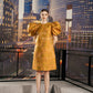 Gold Brocade A-Line Mini Dress with Puff Sleeves