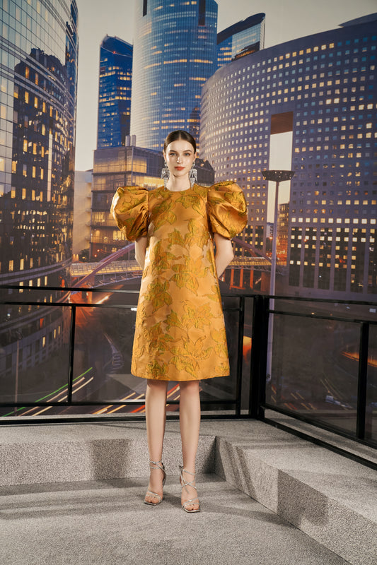 Gold Brocade A-Line Mini Dress with Puff Sleeves