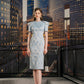 Light Blue Brocade Sheath Dress with Structured Sleeves and Geometric Accents