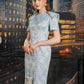 Light Blue Brocade Sheath Dress with Structured Sleeves and Geometric Accents
