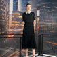 Black Lace A-Line Midi Dress with Embellished Collar