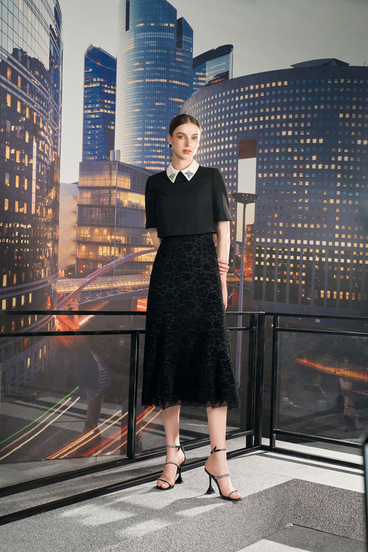 Black Lace A-Line Midi Dress with Embellished Collar
