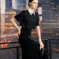 Black Lace A-Line Midi Dress with Embellished Collar