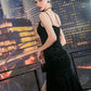 Black Lace Midi Dress with Spaghetti Straps & Floral Choker