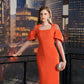 Orange Lace Dress with Puff Sleeves and Embellished Shoulders