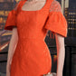 Orange Lace Dress with Puff Sleeves and Embellished Shoulders