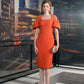 Orange Lace Dress with Puff Sleeves and Embellished Shoulders