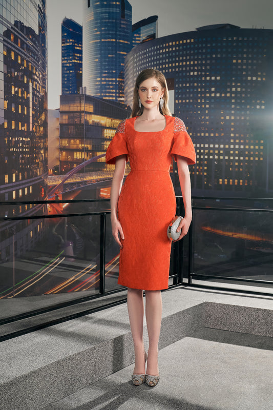 Orange Lace Dress with Puff Sleeves and Embellished Shoulders
