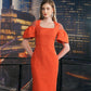 Orange Lace Dress with Puff Sleeves and Embellished Shoulders