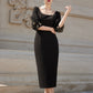Black Midi Dress with Embroidered Puff Sleeves, Vintage-Inspired Square Neckline