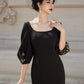 Black Midi Dress with Embroidered Puff Sleeves, Vintage-Inspired Square Neckline