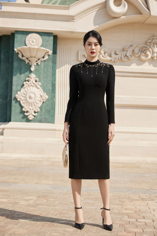 Classic Black Midi Dress with Gold Embroidery