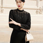 Classic Black Midi Dress with Gold Embroidery