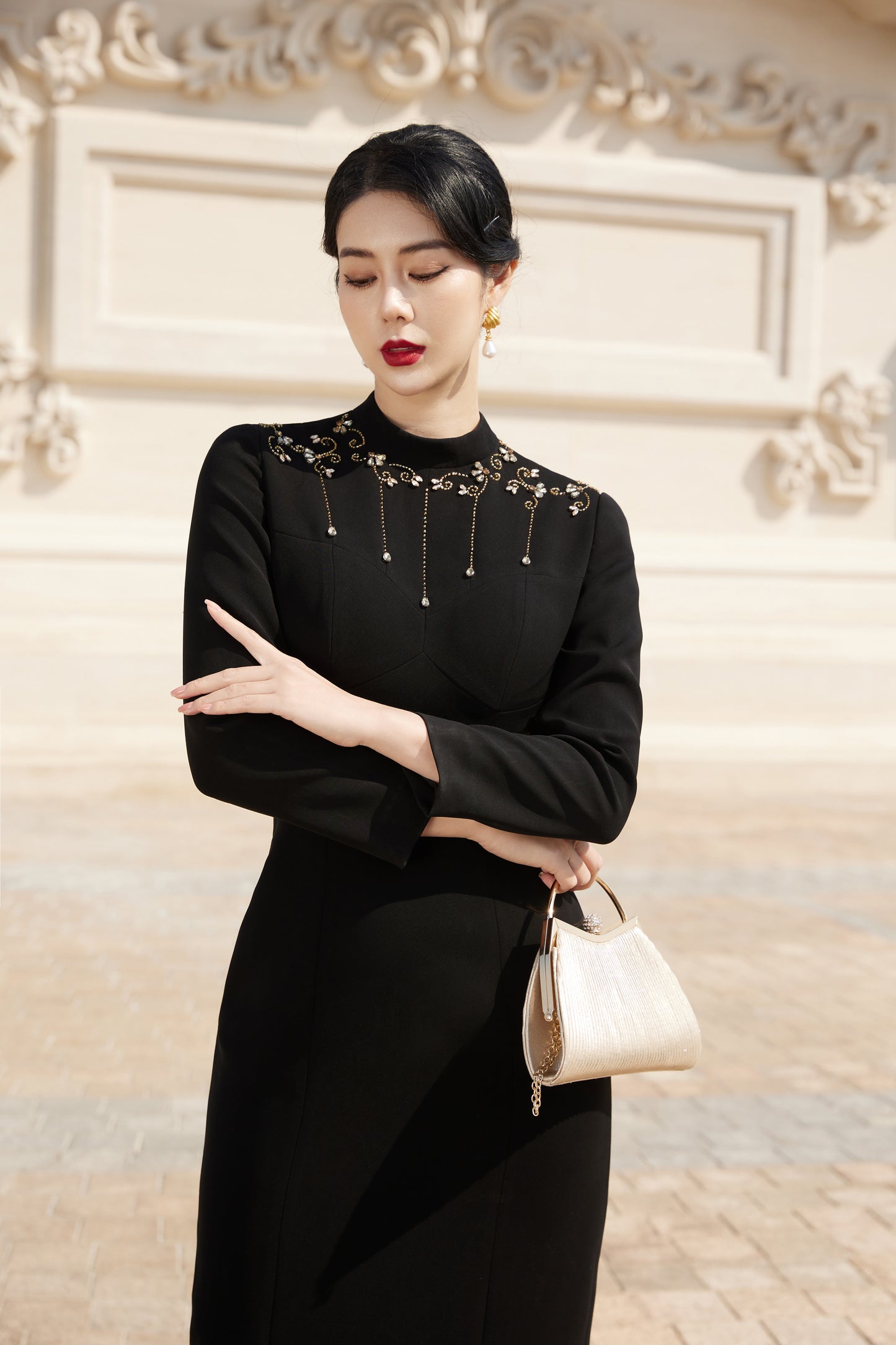 Classic Black Midi Dress with Gold Embroidery