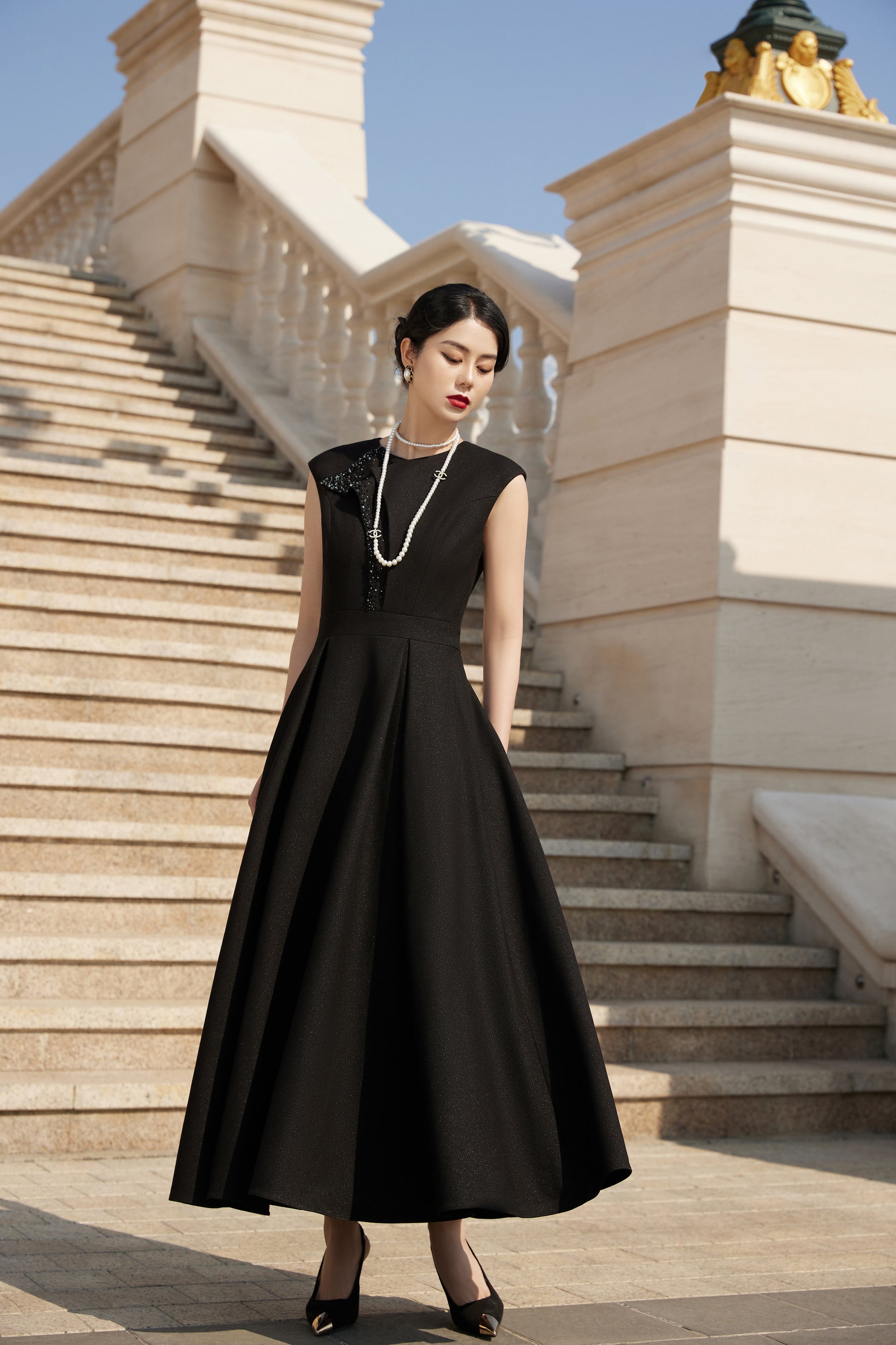 Black Midi Dress with Flared Skirt Black Midi Dress with Flared Skirt