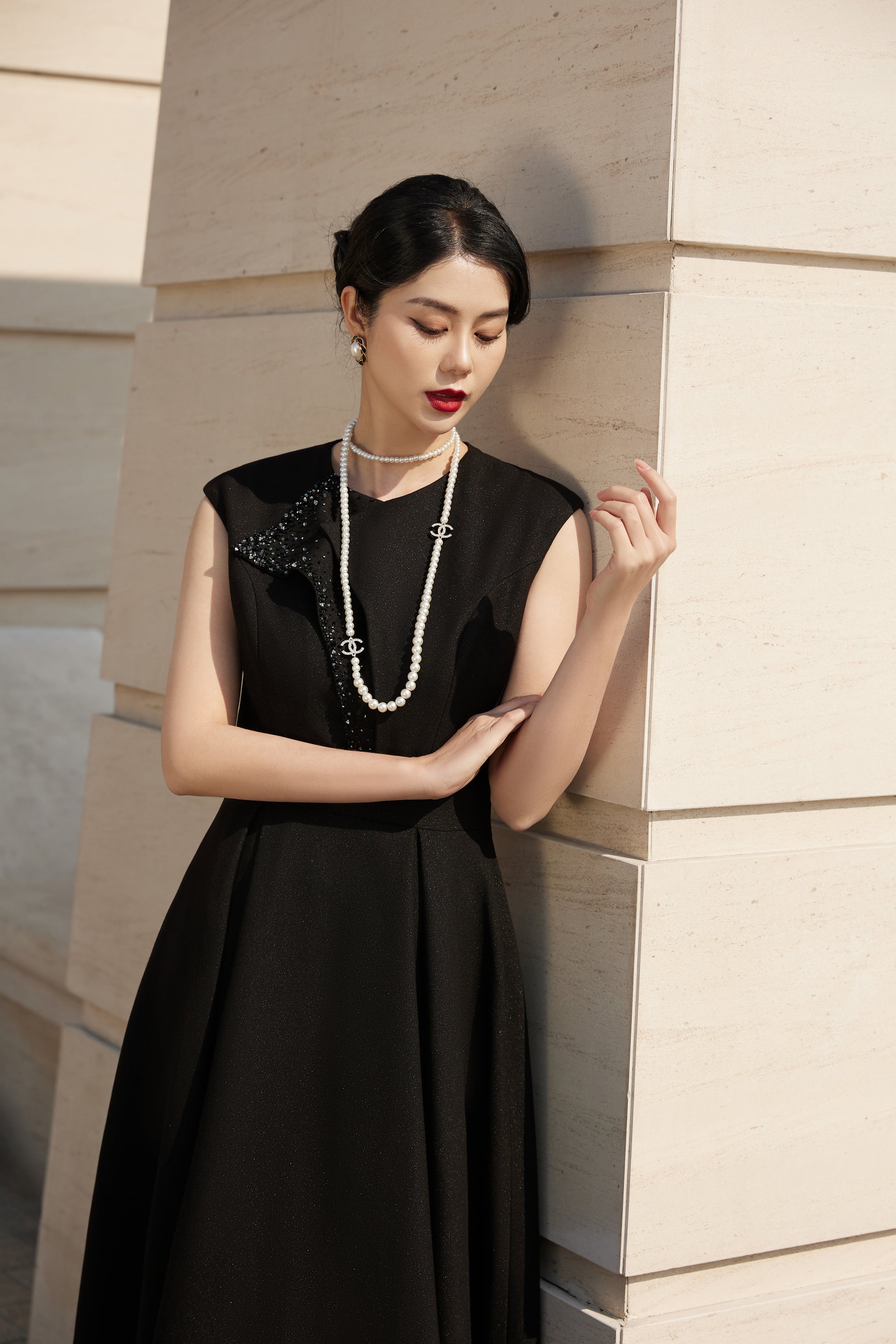 Black Midi Dress with Flared Skirt My Store Black Midi Dress with Flared Skirt My Store