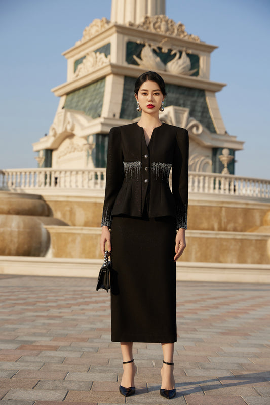 Black Peplum Suit Vintage-Inspired Midi Skirt Set