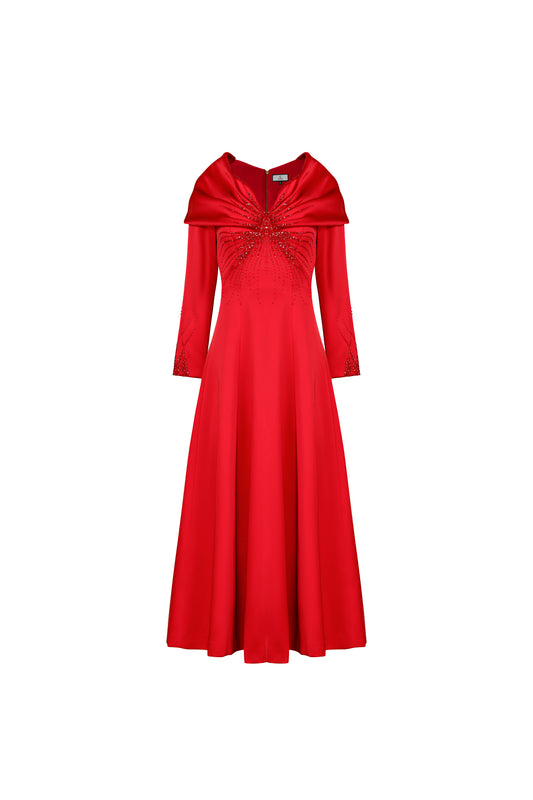 Red Satin Evening Gown with Embellished V-Neck and Long Sleeves