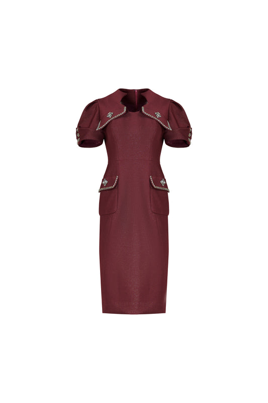 Formal Red Peplum Blazer and Pencil Skirt Set with Embellished Collar